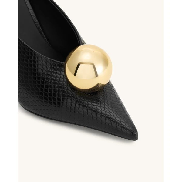 JW PEI Sofia Angled Vamp Snakeskin Heel Mules in Black | Mules | Luxury Shoes 