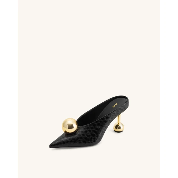 JW PEI Sofia Angled Vamp Snakeskin Heel Mules in Black | Mules | Luxury Shoes 