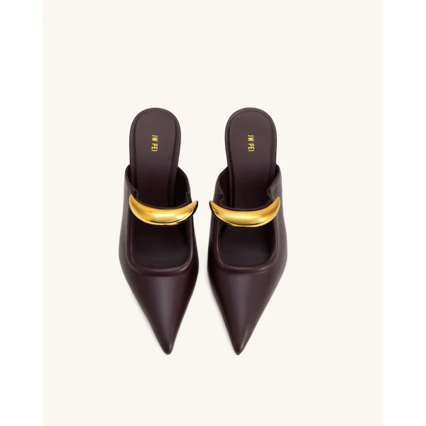 JW PEI Sofia Metal Accent Sphere Heel Mules in Deep Burgundy | Mules | Luxury Shoes 