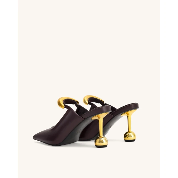 JW PEI Sofia Metal Accent Sphere Heel Mules in Deep Burgundy | Mules | Luxury Shoes 
