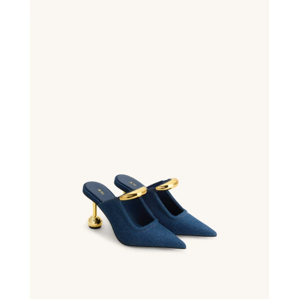 JW PEI Sofia Metal Accent Sphere Heel Mules in Denim Blue | Mules | Luxury Shoes 