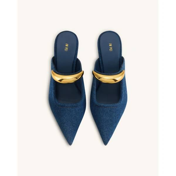 JW PEI Sofia Metal Accent Sphere Heel Mules in Denim Blue | Mules | Luxury Shoes 