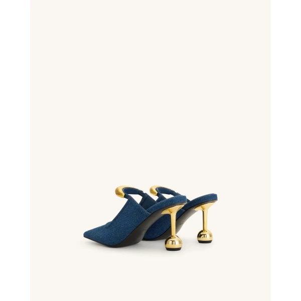 JW PEI Sofia Metal Accent Sphere Heel Mules in Denim Blue | Mules | Luxury Shoes 