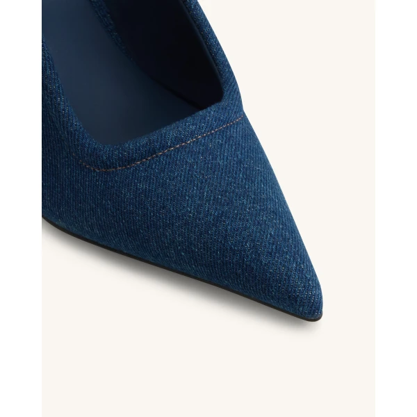 JW PEI Sofia Metal Accent Sphere Heel Mules in Denim Blue | Mules | Luxury Shoes 