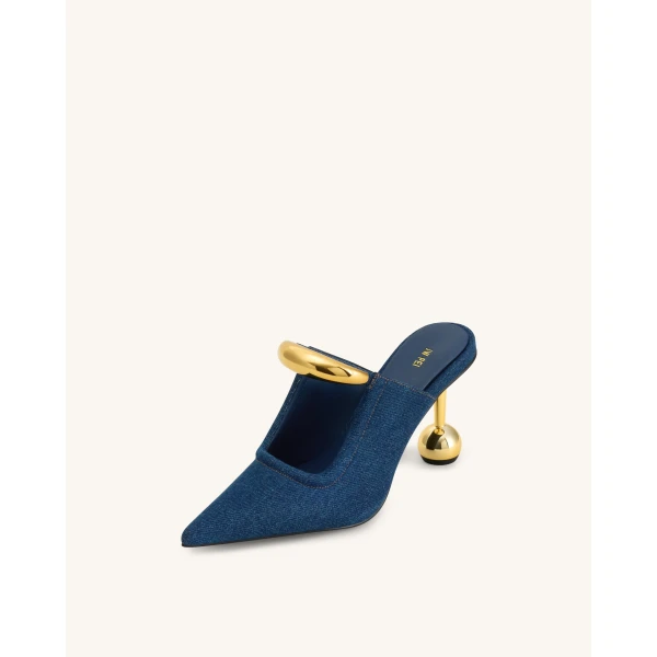 JW PEI Sofia Metal Accent Sphere Heel Mules in Denim Blue | Mules | Luxury Shoes 