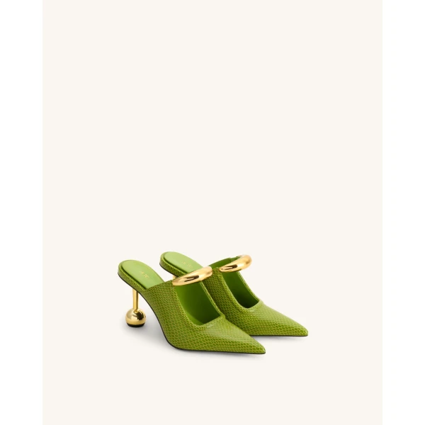 JW PEI Sofia Metal Accent Sphere Heel Mules in Green | Mules | Luxury Shoes 