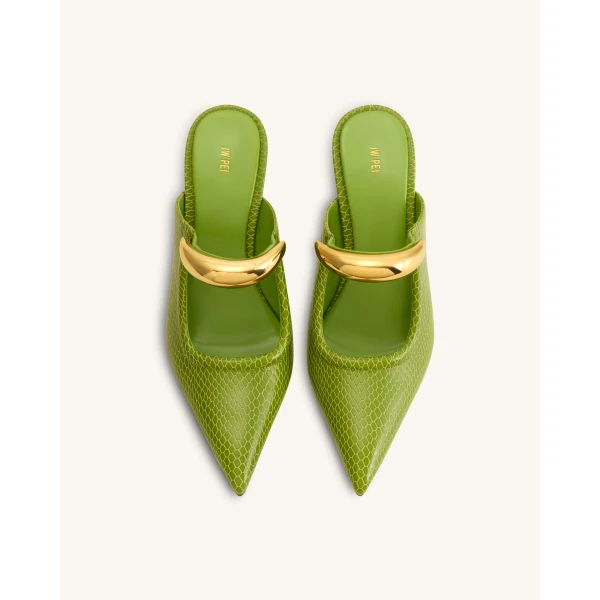 JW PEI Sofia Metal Accent Sphere Heel Mules in Green | Mules | Luxury Shoes 
