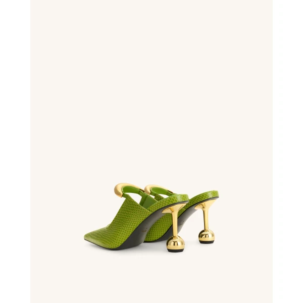 JW PEI Sofia Metal Accent Sphere Heel Mules in Green | Mules | Luxury Shoes 