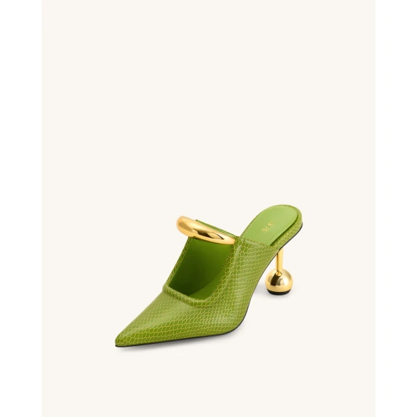 JW PEI Sofia Metal Accent Sphere Heel Mules in Green | Mules | Luxury Shoes 