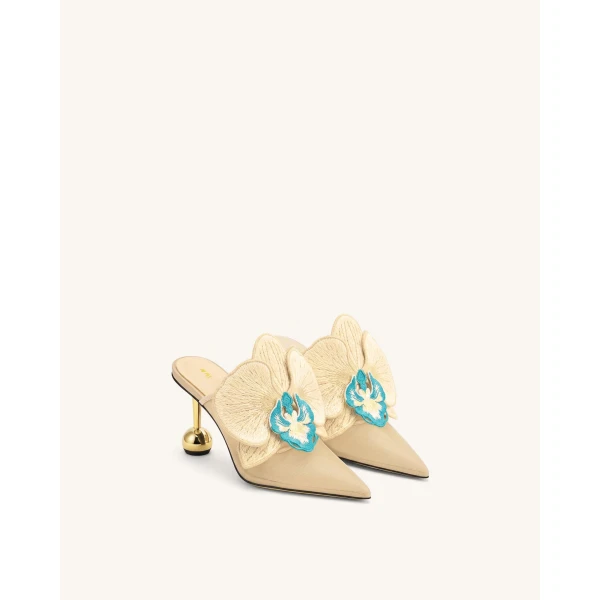 JW PEI Sofia Orchid Sphere Heel Mules in Beige | Mules | Luxury Shoes 