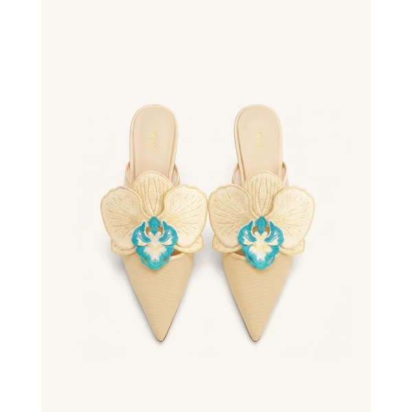 JW PEI Sofia Orchid Sphere Heel Mules in Beige | Mules | Luxury Shoes 