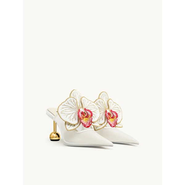 JW PEI Sofia Orchid Sphere Heel Mules in White | Mules | Luxury Shoes 