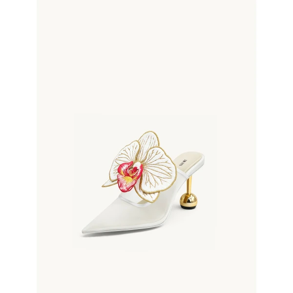 JW PEI Sofia Orchid Sphere Heel Mules in White | Mules | Luxury Shoes 