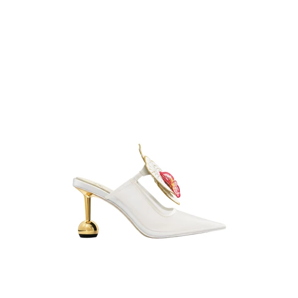 JW PEI Sofia Orchid Sphere Heel Mules in White | Mules | Luxury Shoes 