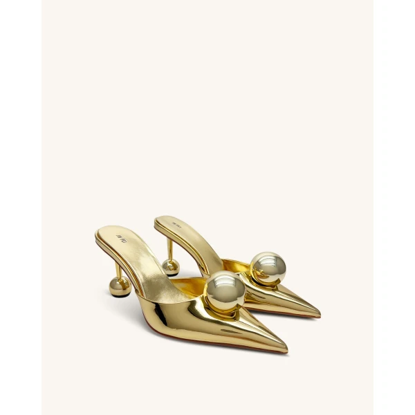 JW PEI Sofia Sphere Heel Mules in Gold | Mules | Luxury Shoes 