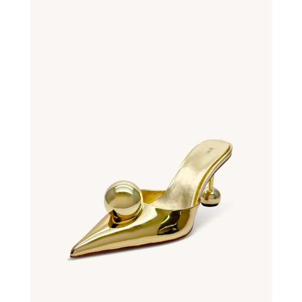 JW PEI Sofia Sphere Heel Mules in Gold | Mules | Luxury Shoes 