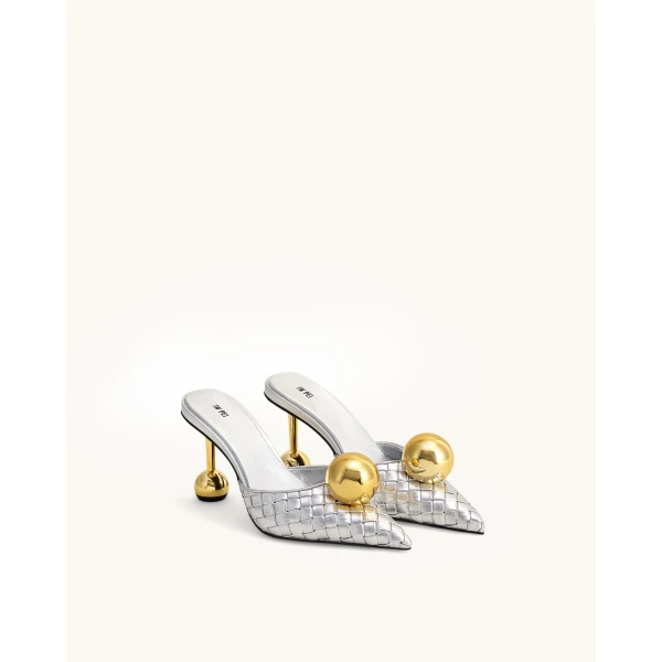 JW PEI Sofia Woven Sphere Heel Mules in Silver & Gold | Mules | Luxury Shoes 