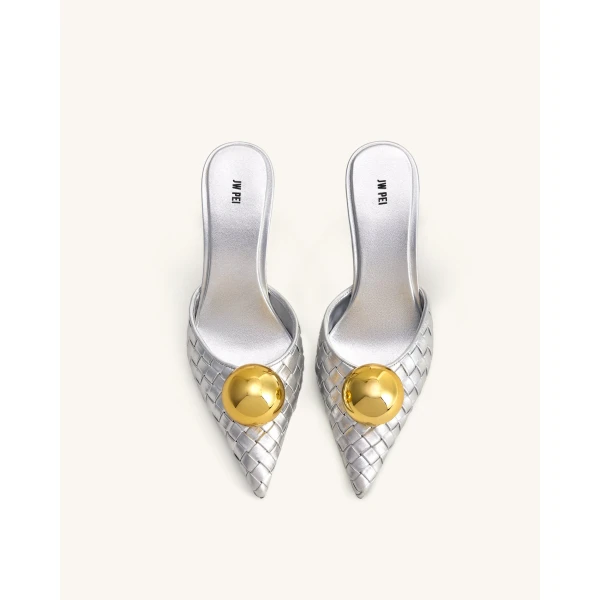 JW PEI Sofia Woven Sphere Heel Mules in Silver & Gold | Mules | Luxury Shoes 