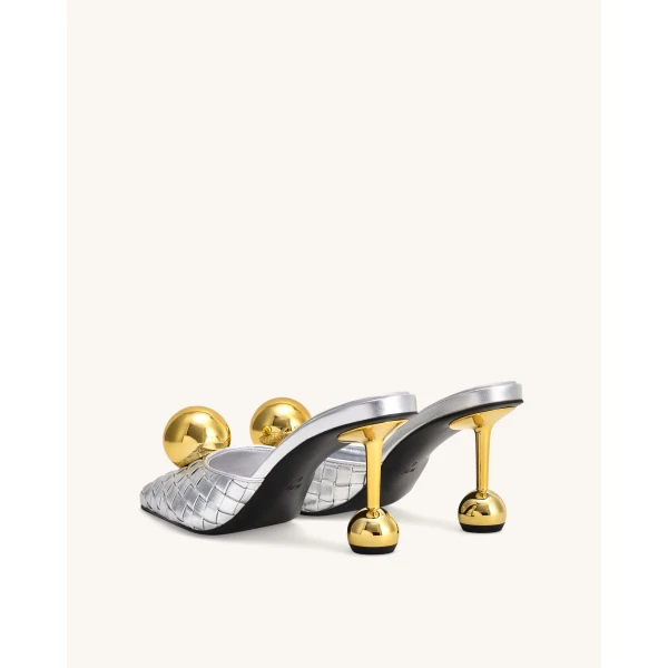JW PEI Sofia Woven Sphere Heel Mules in Silver & Gold | Mules | Luxury Shoes 