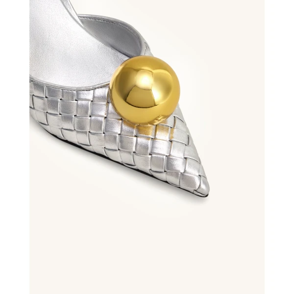 JW PEI Sofia Woven Sphere Heel Mules in Silver & Gold | Mules | Luxury Shoes 