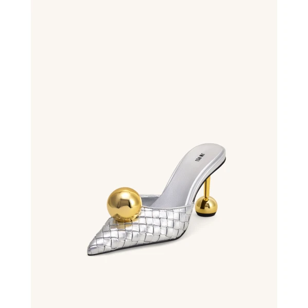 JW PEI Sofia Woven Sphere Heel Mules in Silver & Gold | Mules | Luxury Shoes 