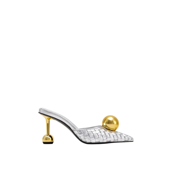 JW PEI Sofia Woven Sphere Heel Mules in Silver & Gold | Mules | Luxury Shoes 