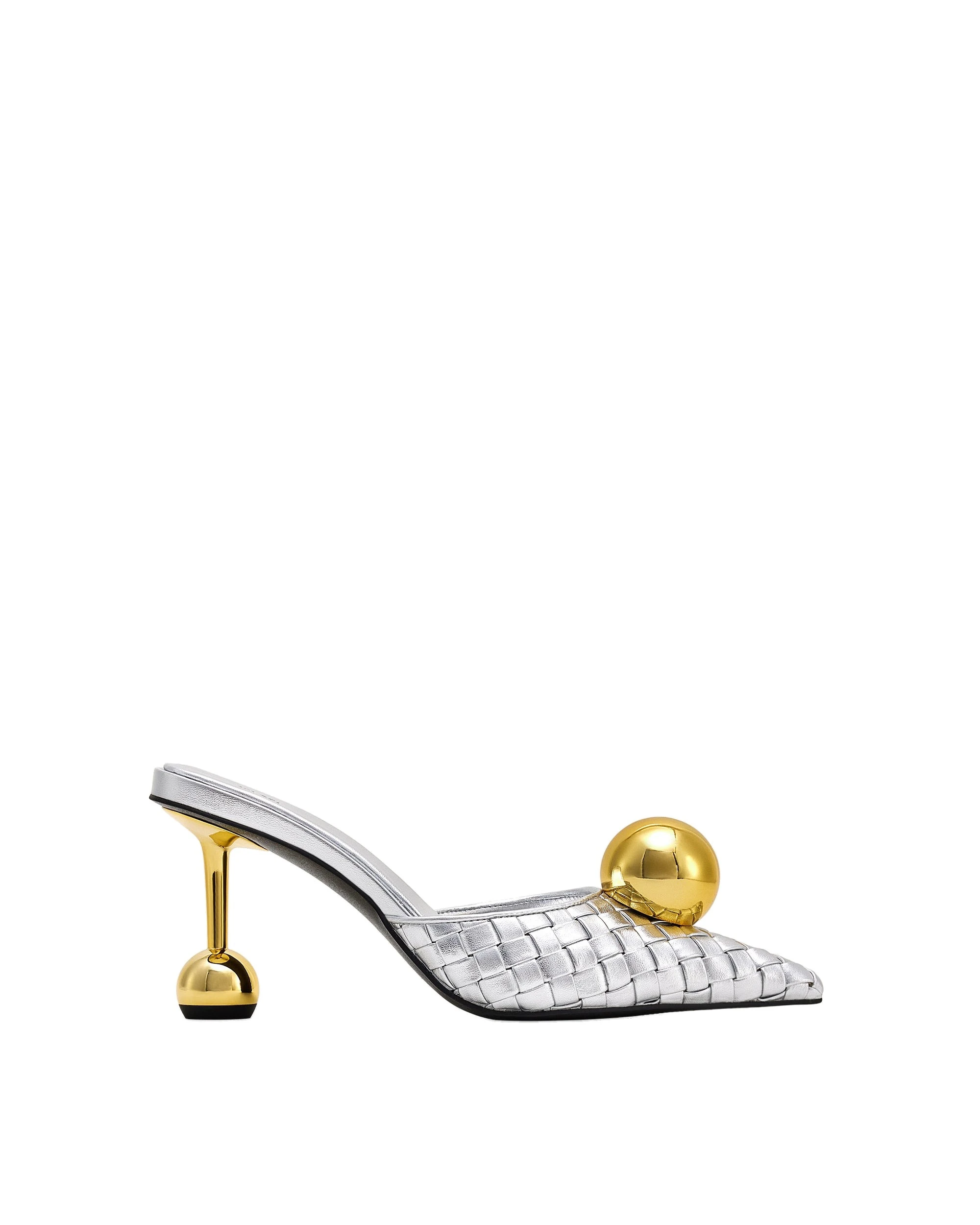 JW PEI Sofia Woven Sphere Heel Mules in Silver & Gold JW PEI Sofia Woven Sphere Heel Mules in Silver & Gold | Mules | Luxury Shoes