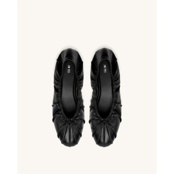 JW PEI Solenne Ruched Drawstring Ballet Flats in Black | Flats | Luxury Shoes 