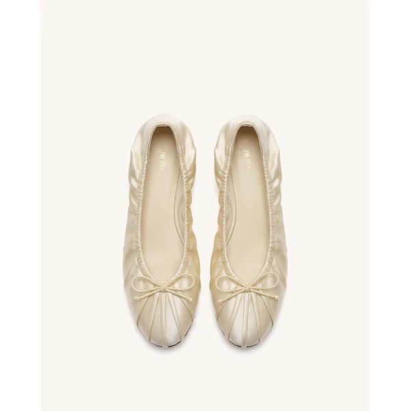 JW PEI Solenne Ruched Drawstring Satin Ballet Flats in Beige | Flats | Luxury Shoes 