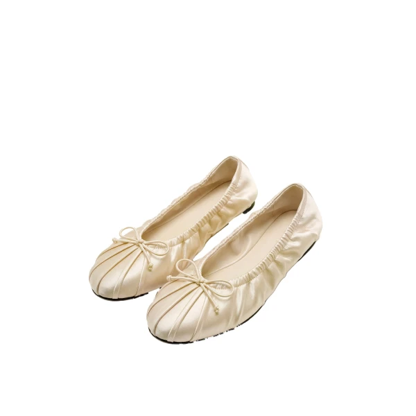 JW PEI Solenne Ruched Drawstring Satin Ballet Flats in Beige | Flats | Luxury Shoes 