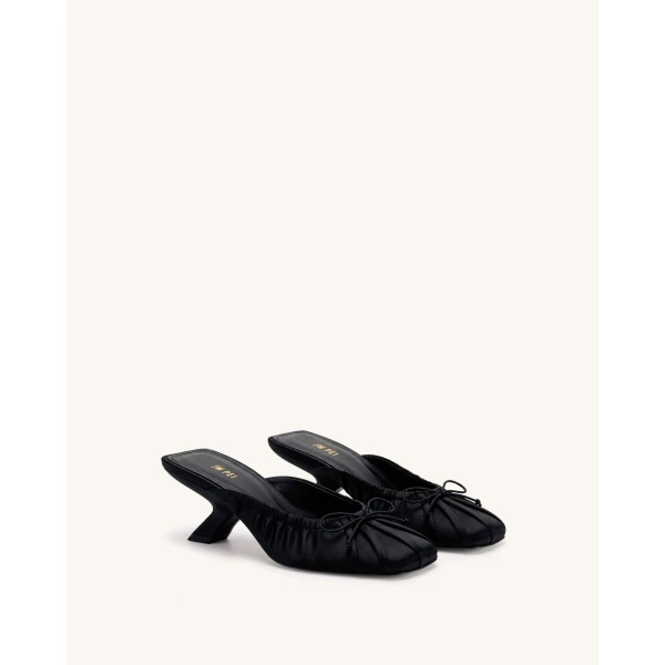 JW PEI Solenne Satin Bow Ruched Mules in Black | Mules | Luxury Shoes 