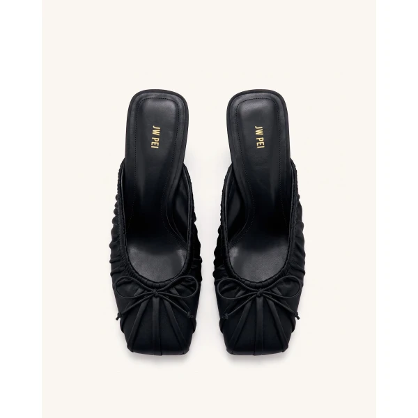 JW PEI Solenne Satin Bow Ruched Mules in Black | Mules | Luxury Shoes 