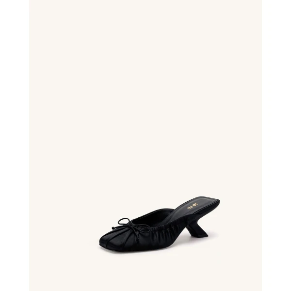 JW PEI Solenne Satin Bow Ruched Mules in Black | Mules | Luxury Shoes 