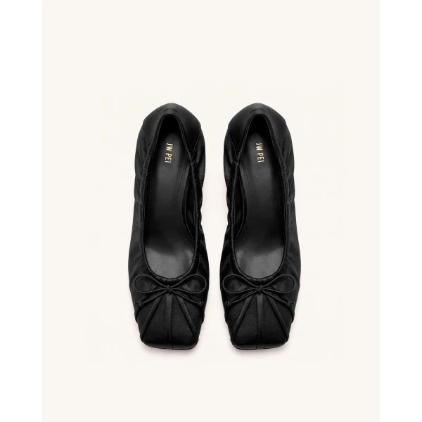 JW PEI Solenne Satin Bow Ruched Pumps in Black | Heels | Luxury Shoes 