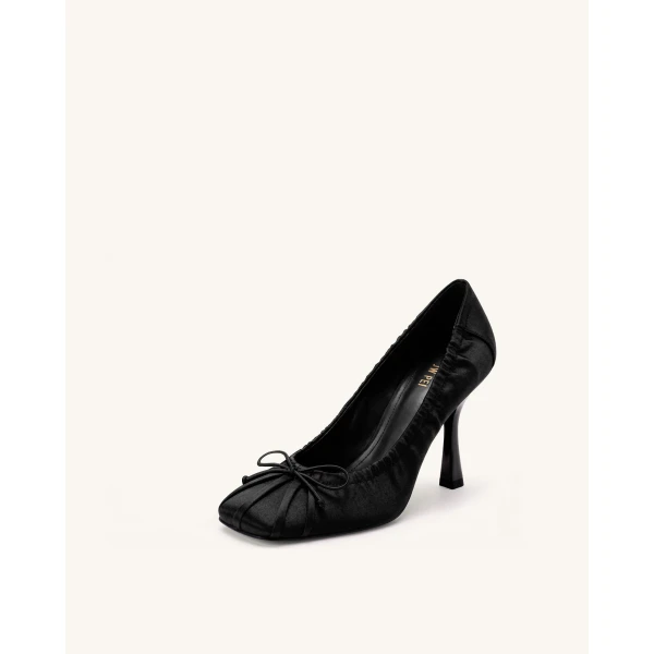 JW PEI Solenne Satin Bow Ruched Pumps in Black | Heels | Luxury Shoes 
