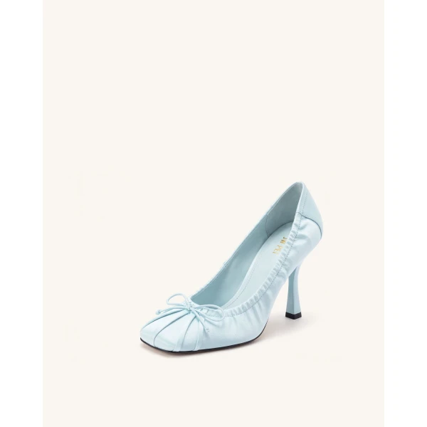 JW PEI Solenne Satin Bow Ruched Pumps in Blue | Heels | Luxury Shoes 