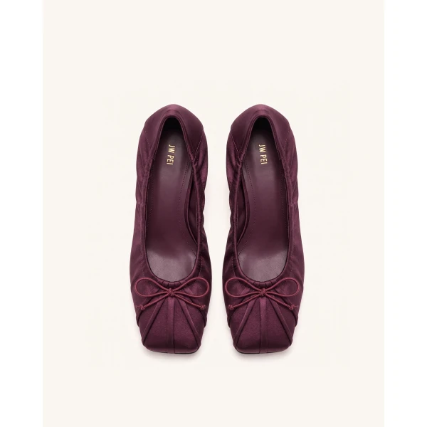 JW PEI Solenne Satin Bow Ruched Pumps in Burgundy | Heels | Luxury Shoes 