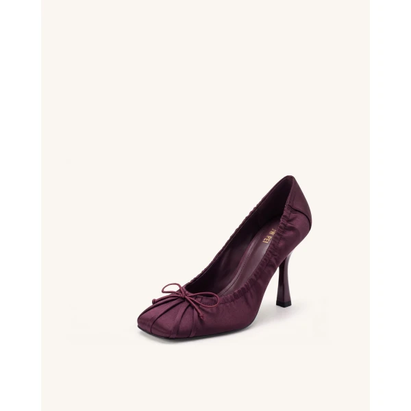 JW PEI Solenne Satin Bow Ruched Pumps in Burgundy | Heels | Luxury Shoes 