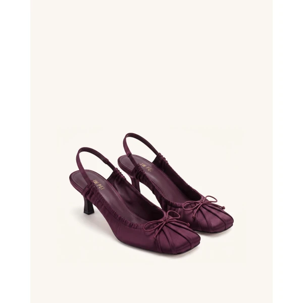 JW PEI Solenne Satin Bow Ruched Slingback Pumps in Burgundy | Heels | Luxury Shoes 