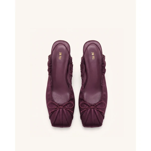 JW PEI Solenne Satin Bow Ruched Slingback Pumps in Burgundy | Heels | Luxury Shoes 