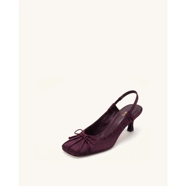 JW PEI Solenne Satin Bow Ruched Slingback Pumps in Burgundy | Heels | Luxury Shoes 