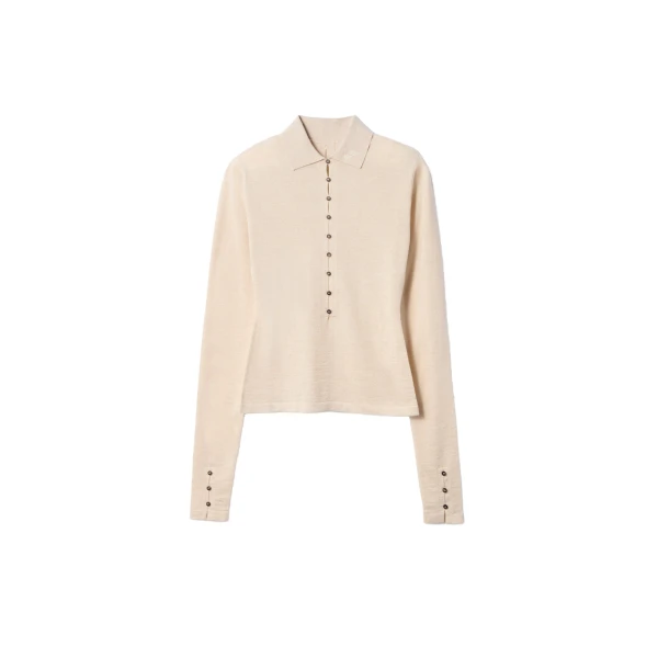 The Merino Long-Sleeve Polo Shirt in Light Beige