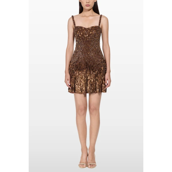 Jenny Packham Nima Short Dress in Bronze | Mini Dresses | Luxury Shoes 