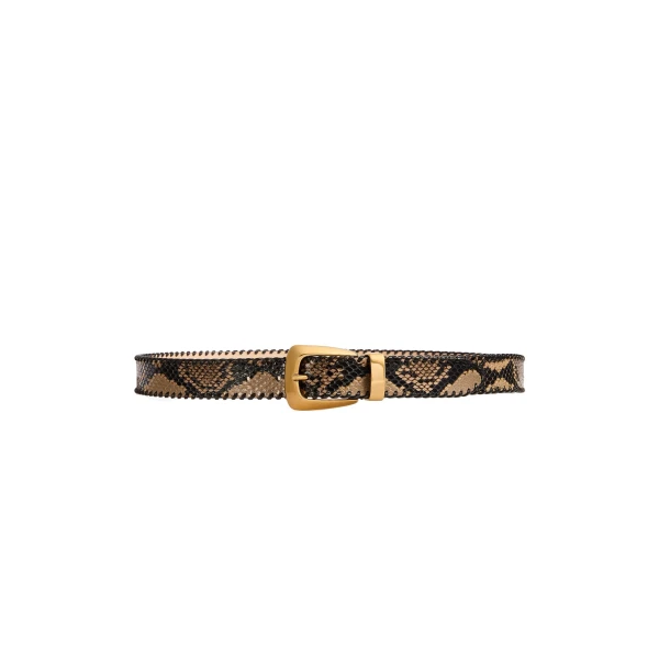 Khaite Benny Belt with Whipstitch in Python-Embossed Taupe and Gold