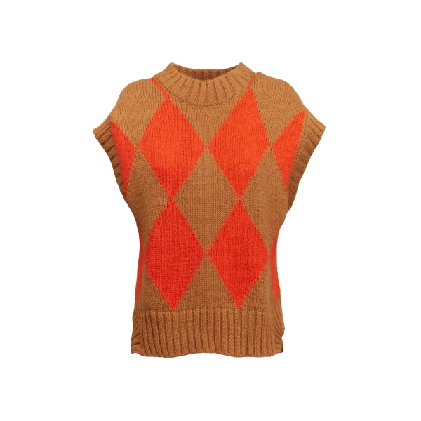 La DoubleJ Argyle Gilet in Camel / Orange Knit