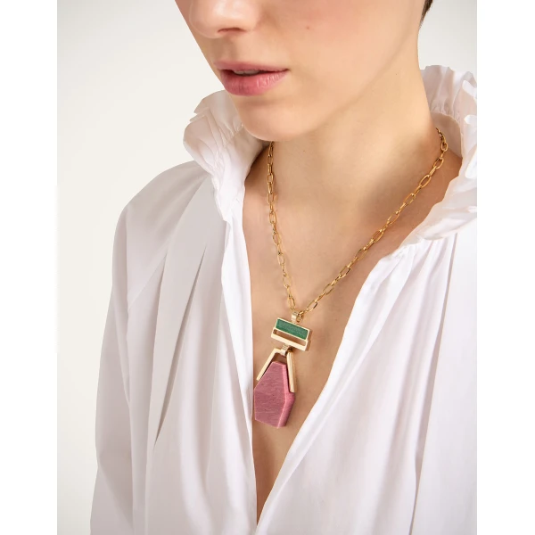 La DoubleJ Bridge Portal Necklace in 24K Gold Plate & Thulite at Luxury Shoes 