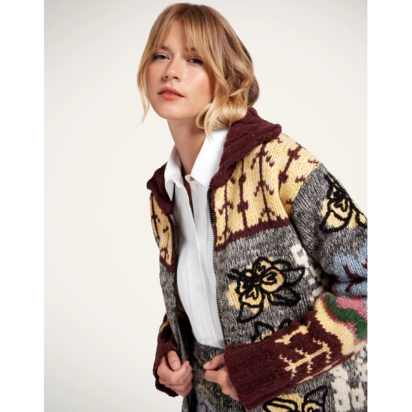 La DoubleJ Chalet Cardigan in Multicolor Grey & Yellow, view 4