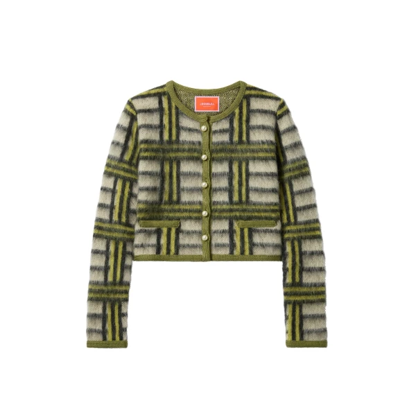 Check Cardigan in Kells Check Ecru, Light Green, and Black