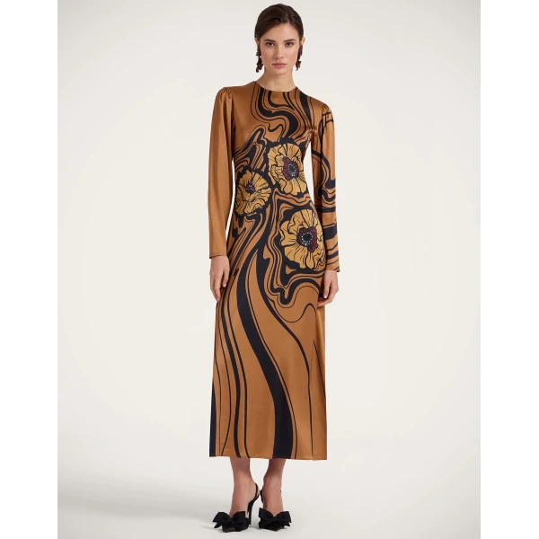 La DoubleJ Clingy Swing in Big Blooms Brown Dress, view 2