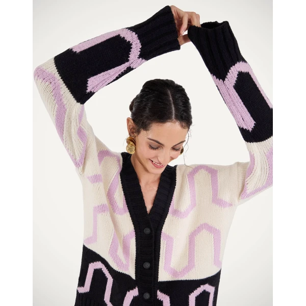 La DoubleJ Comber Cardigan in Multicolor Ivory & Black, view 2